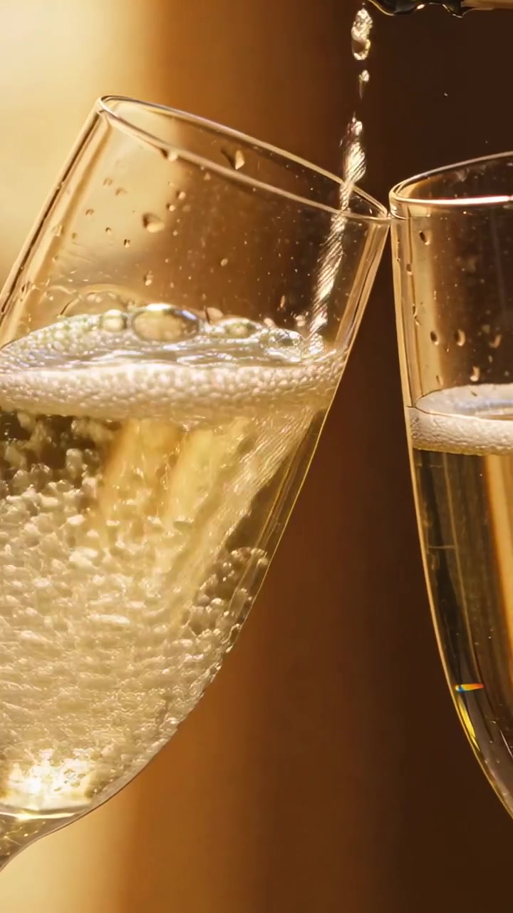 Video verticale: Bottiglia che si inclina versando spumante in un flûte a sinistra al bar per servire.