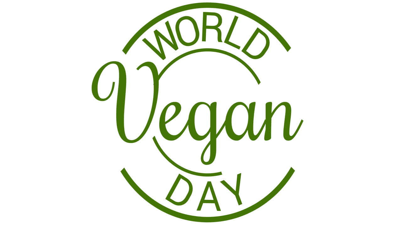 Animation des Textes "Weltvegantag" in einem grünen Kreis, auf weißem Hintergrund.