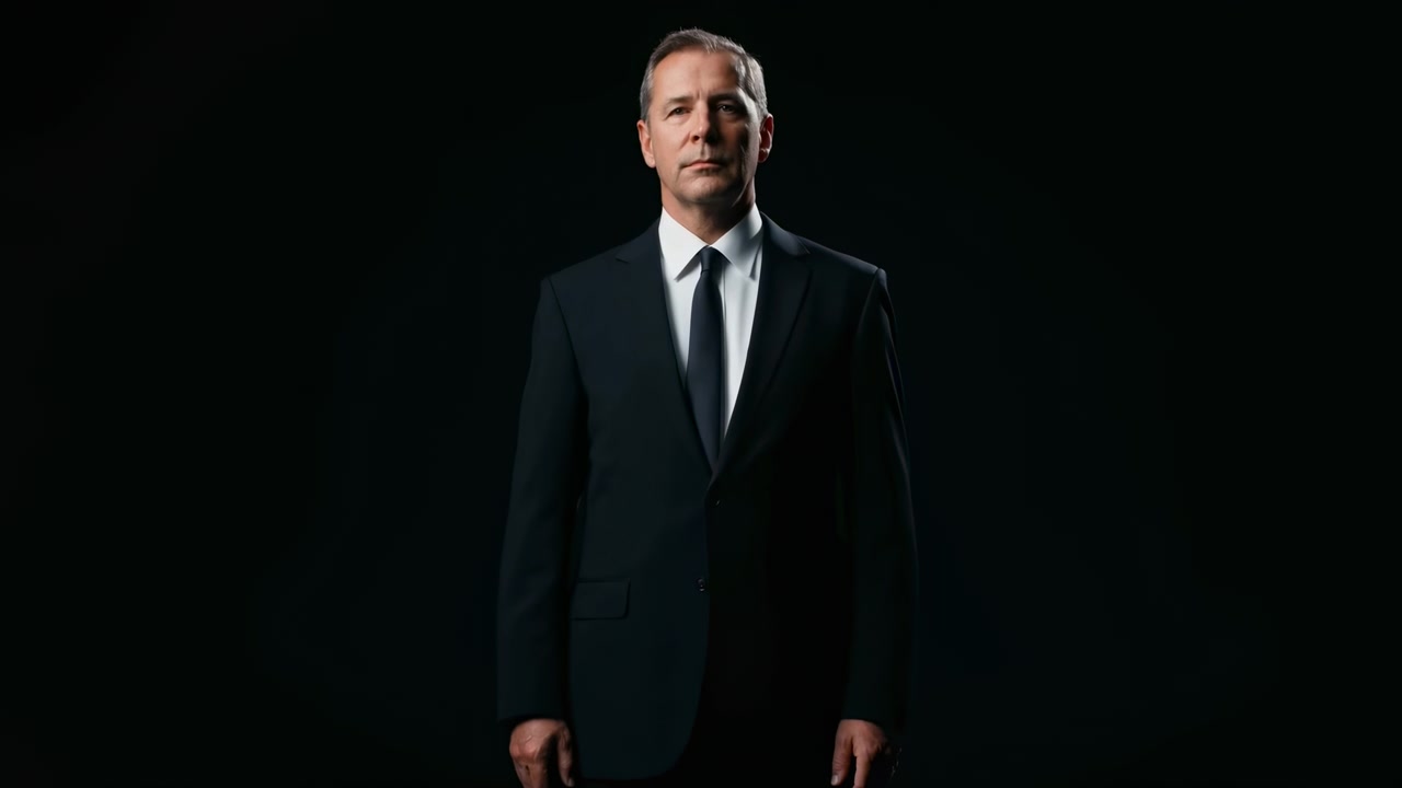 Hombre de traje de pie, en un fondo oscuro, con traje, corbata, desde una perspectiva de vista frontal, con detalles en negro y blanco, y un estado de ánimo neutro, mostrando objetos cercanos y el entorno circundante.