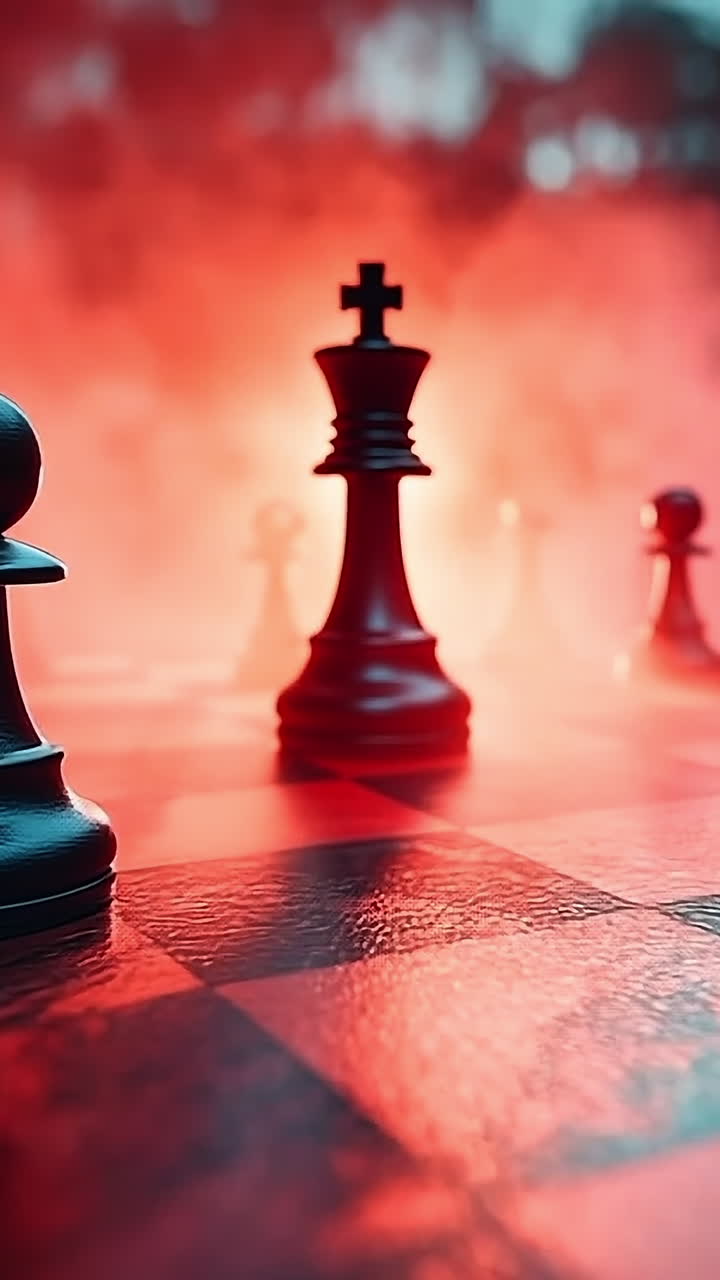 Chess pieces on a dramatic red backdrop. Dark chess pieces stand on a checkered board, illuminated by a mysterious red light, creating an intense atmosphere.