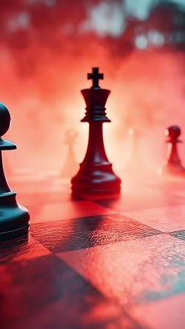 chess pieces on a dramatic red backdrop. dark chess pieces stand on a checkered board, illuminated by a mysterious red light, creating an intense atmosphere.