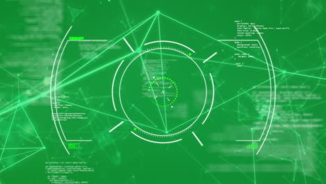 animación de la red de conexiones con procesamiento de datos y escaneo de alcance sobre fondo verde