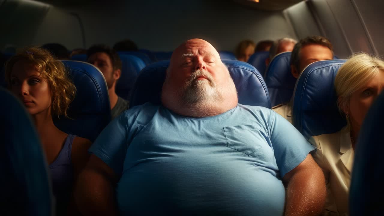 A Hefty Passenger in Deep Relaxation on a Flight, Surrounded by Fellow Travelers in an Airplane Cabin, Illustrating the Diverse Experiences of Air Travel Comfort and Space Concerns