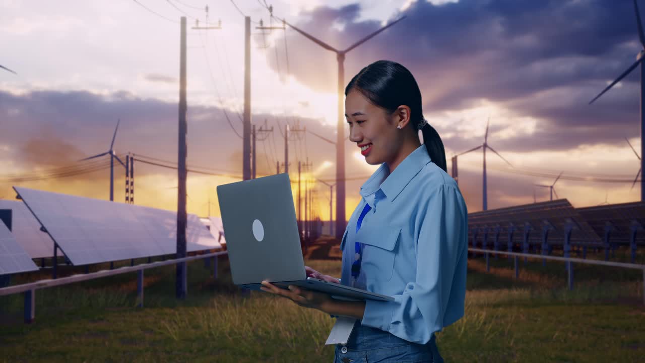 Side View Of Asian Female With Her Laptop With Solar Panel and Wind Turbines, Typing On Her Laptop'S Keybaord With Meditation