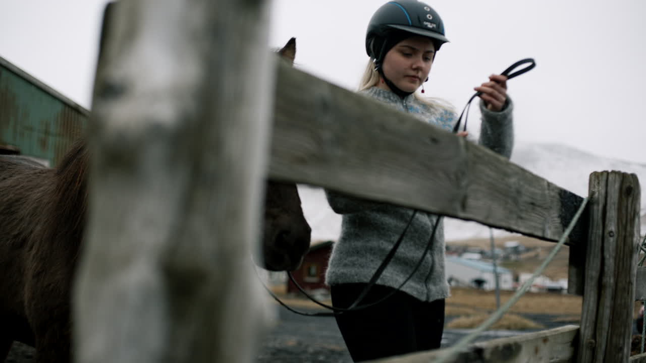 Woman and Horse by a Wooden Fence