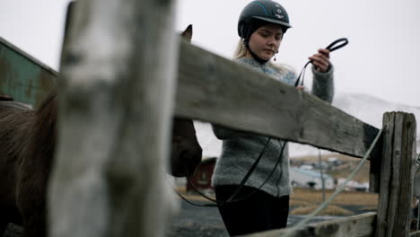 woman and horse by a wooden fence