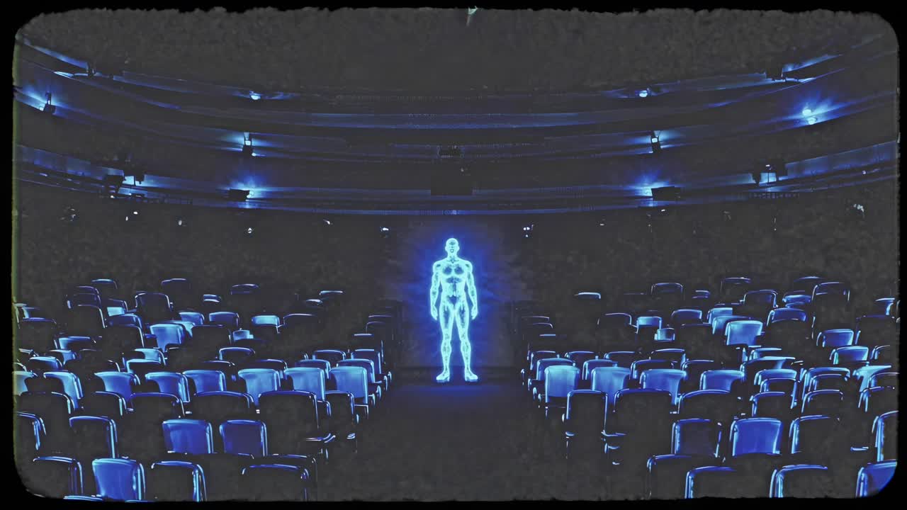 Holographic human figure standing motionless on dimly lit theater stage, projecting immersive digital performance within darkened performance space
