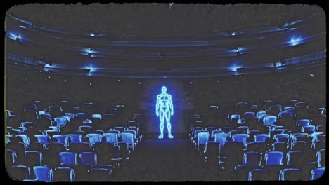 holographic human figure standing motionless on dimly lit theater stage, projecting immersive digital performance within darkened performance space