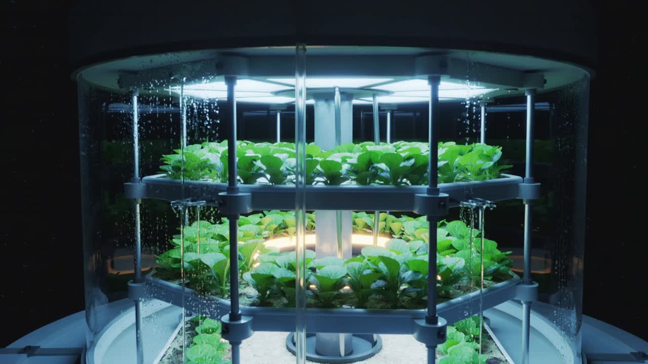 Starting irrigation, cylinder with 3 tier trays spraying water in lab watering greens under LEDs