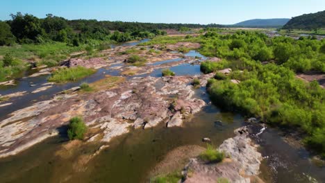 Aerial-footage-of-the-popular-area-on-the-Llano-River-in-Texas-called-The-Slab