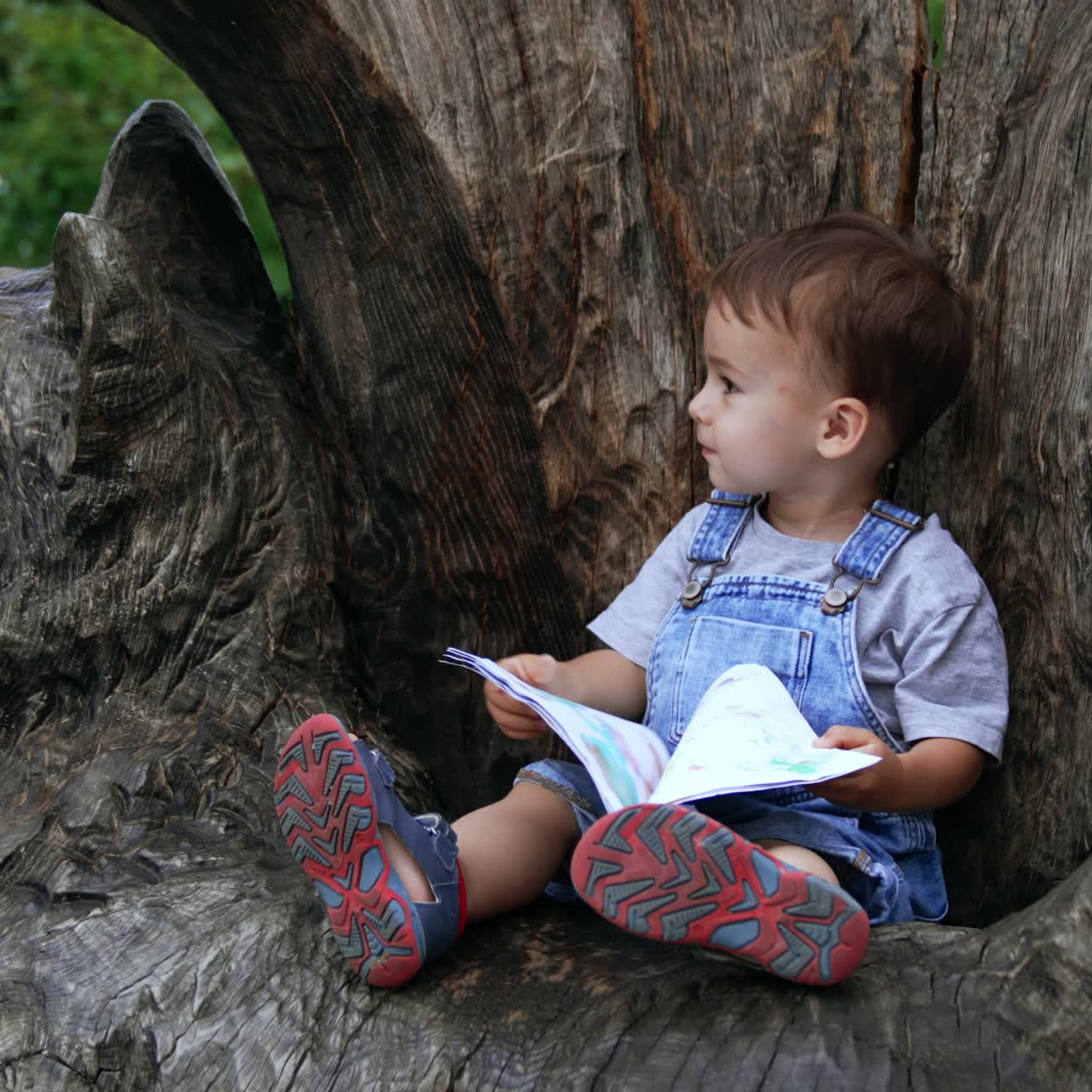 Cute lifestyle kid in garden having fun. Little boy in park sitting