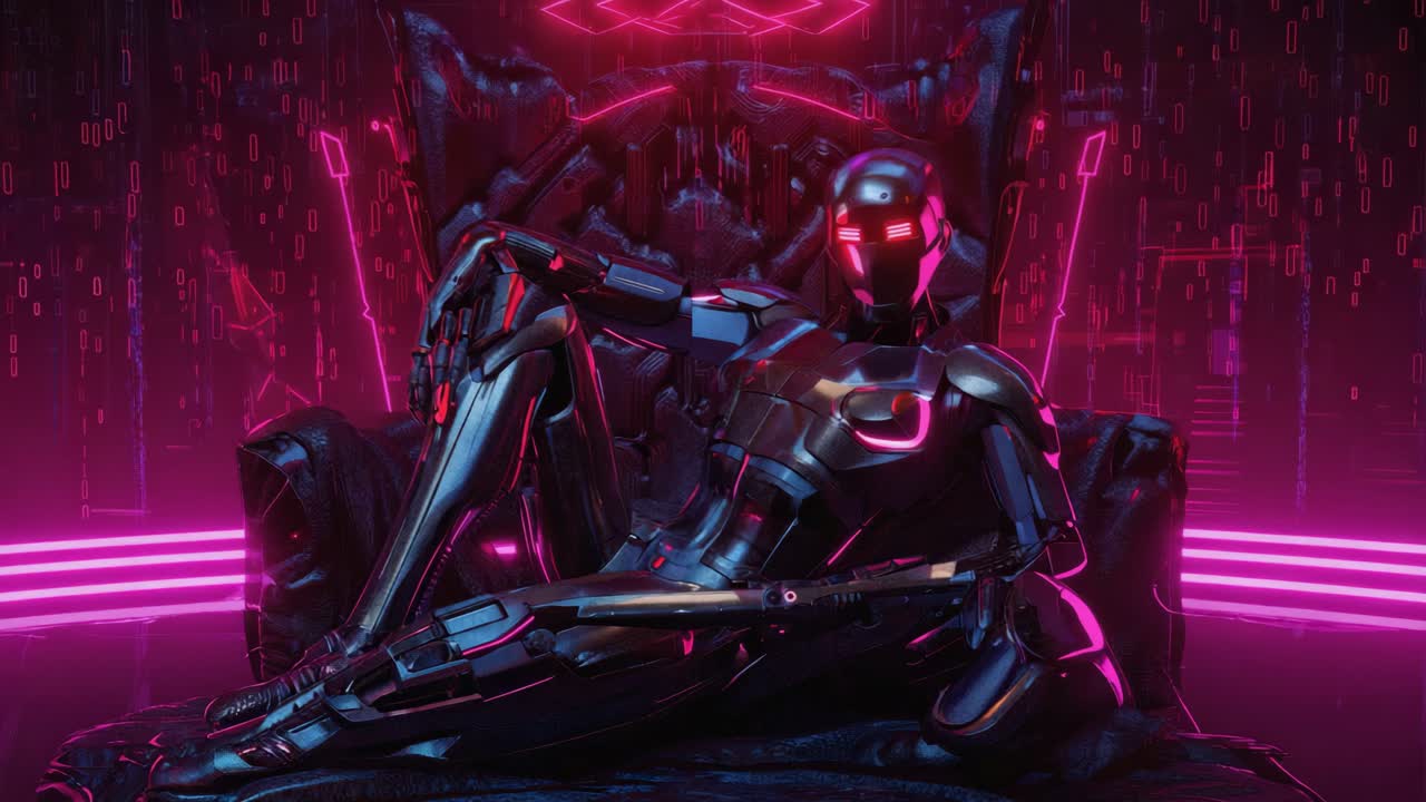 Futuristic Robot on Throne with Neon Lights