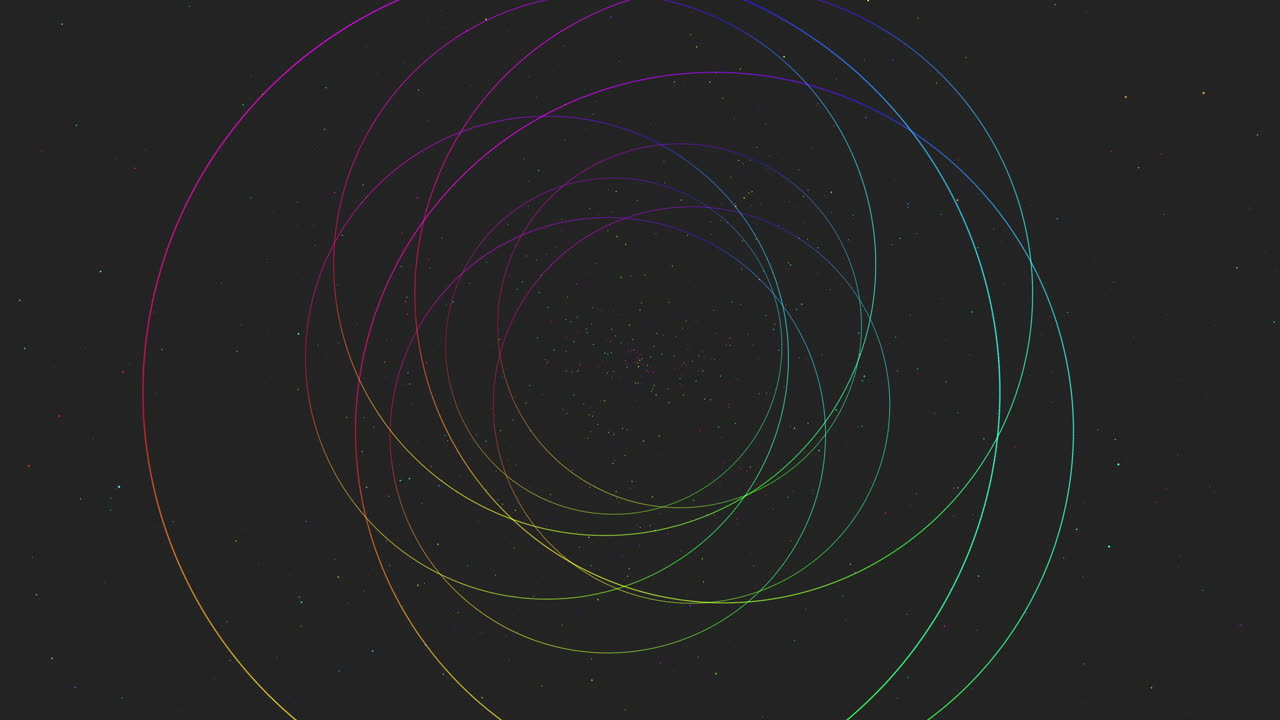 Abstract van veelkleurige concentrische cirkels die ronddraaien op een donkere sterrenachtergrond, wat een futuristisch kosmisch tunneleffect creëert, ideaal voor technologie, wetenschap, muziekvisuals en motion design projecten