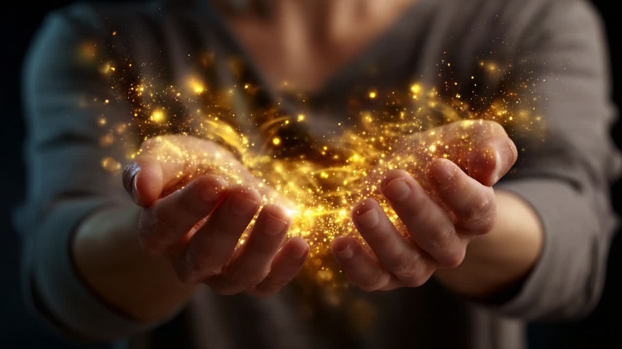 In this captivating visual journey, two frames reveal a person holding shimmering particles of golden light in their hands, symbolizing the magic of creation, transformation, and the essence of energy