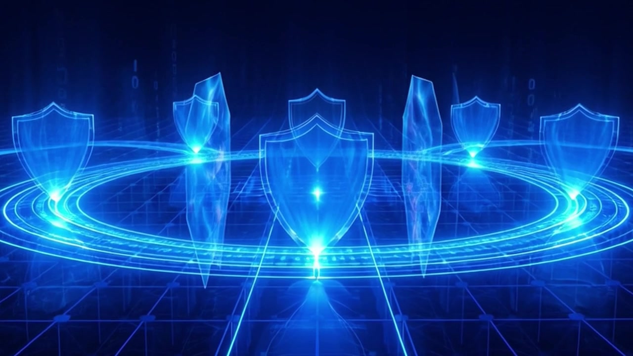 Digital Cybersecurity Concept with Glowing Blue Shields and Data Grid