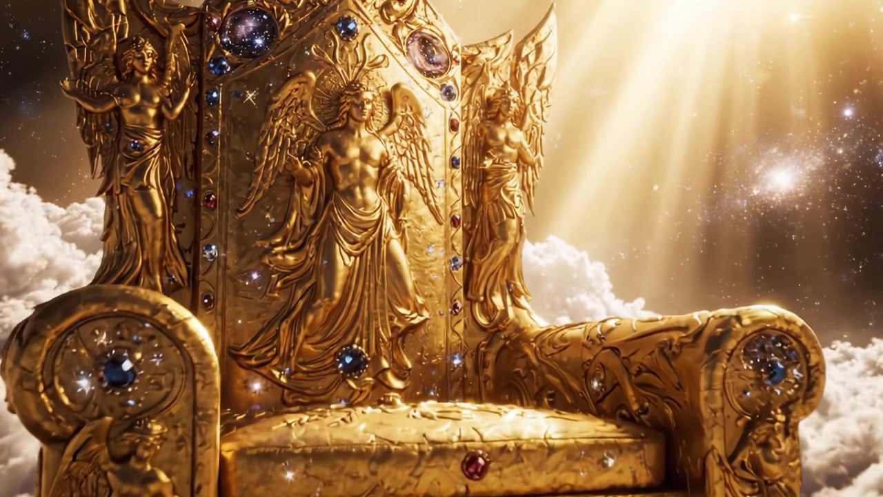 Ein glorreicher goldener Thron, umgeben von ätherischen Wolken und strahlendem Licht, verziert mit prächtigen Statuen und Juwelen.