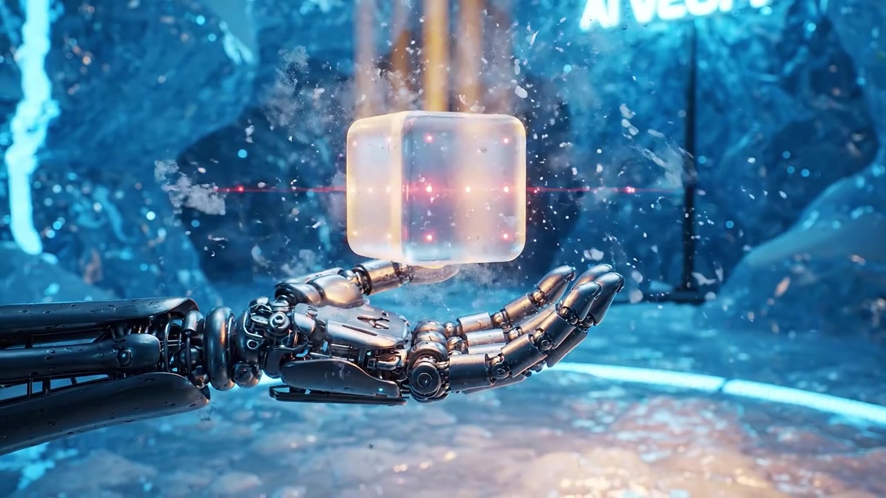A futuristic robotic hand delicately holds a glowing cube in a crystalline cave setting, showcasing advanced technology amidst a vibrant blue-lit environment.