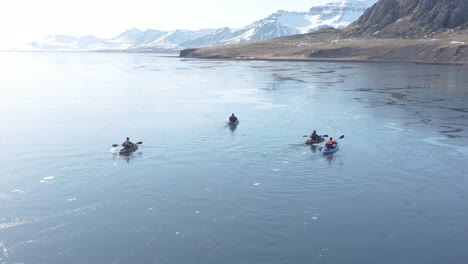 following four kayakers paddling in calm flat water in iceland fjord, aerial