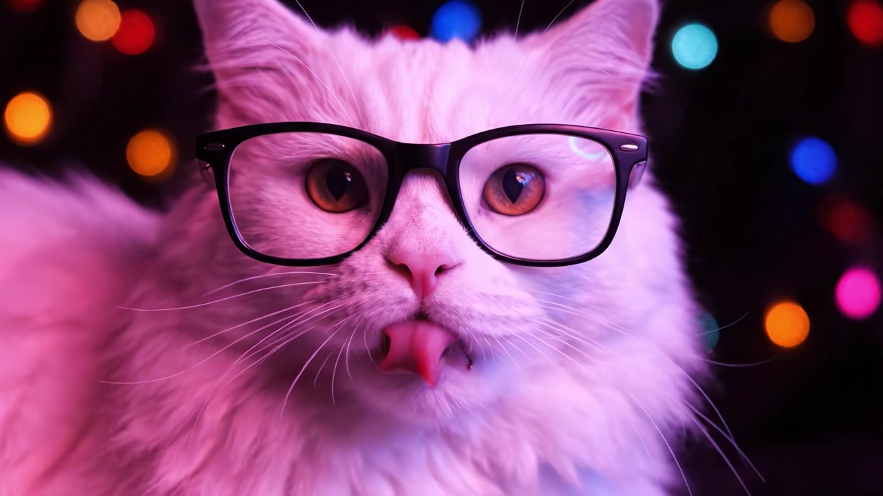Un affascinante gatto bianco con gli occhiali, catturato in due scatti, che mostra la sua personalità stravagante su uno sfondo bokeh colorato.