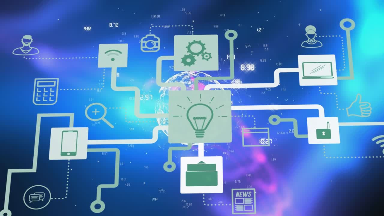 Animation of network of connections with icons over globe and data processing