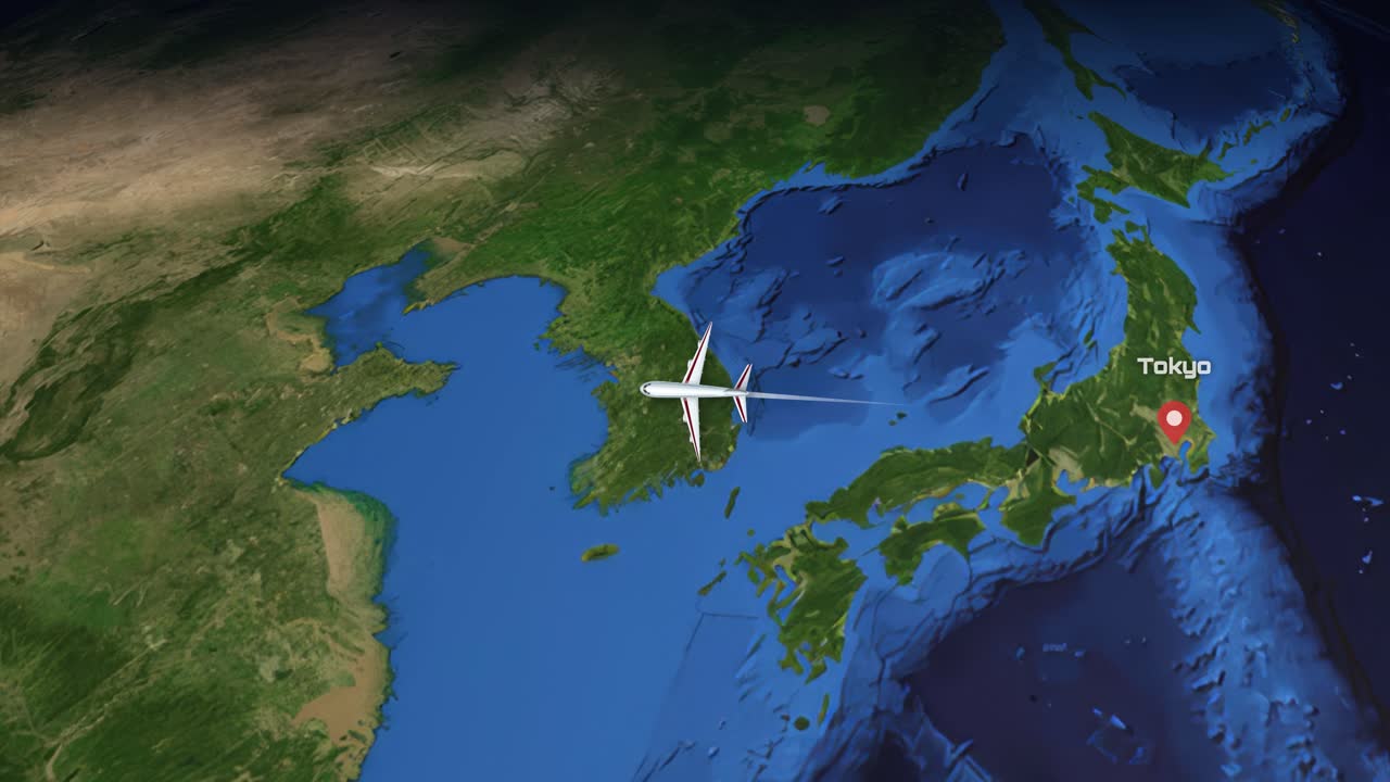 Satellite view animation follows a commercial airplane flying from Tokyo across Asia to Delhi