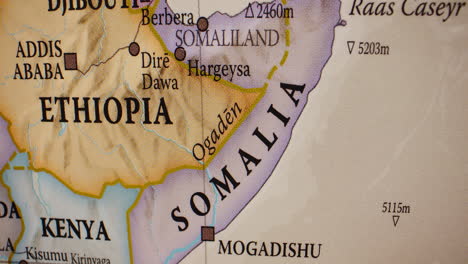 close-up of a map showing the horn of africa with ethiopia and somalia