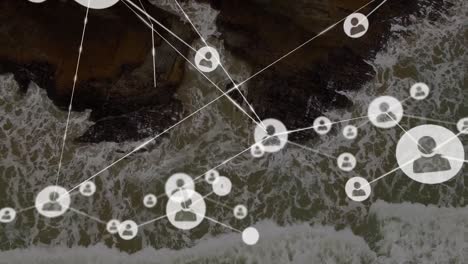 animación de la red de conexiones con iconos sobre la vista del mar