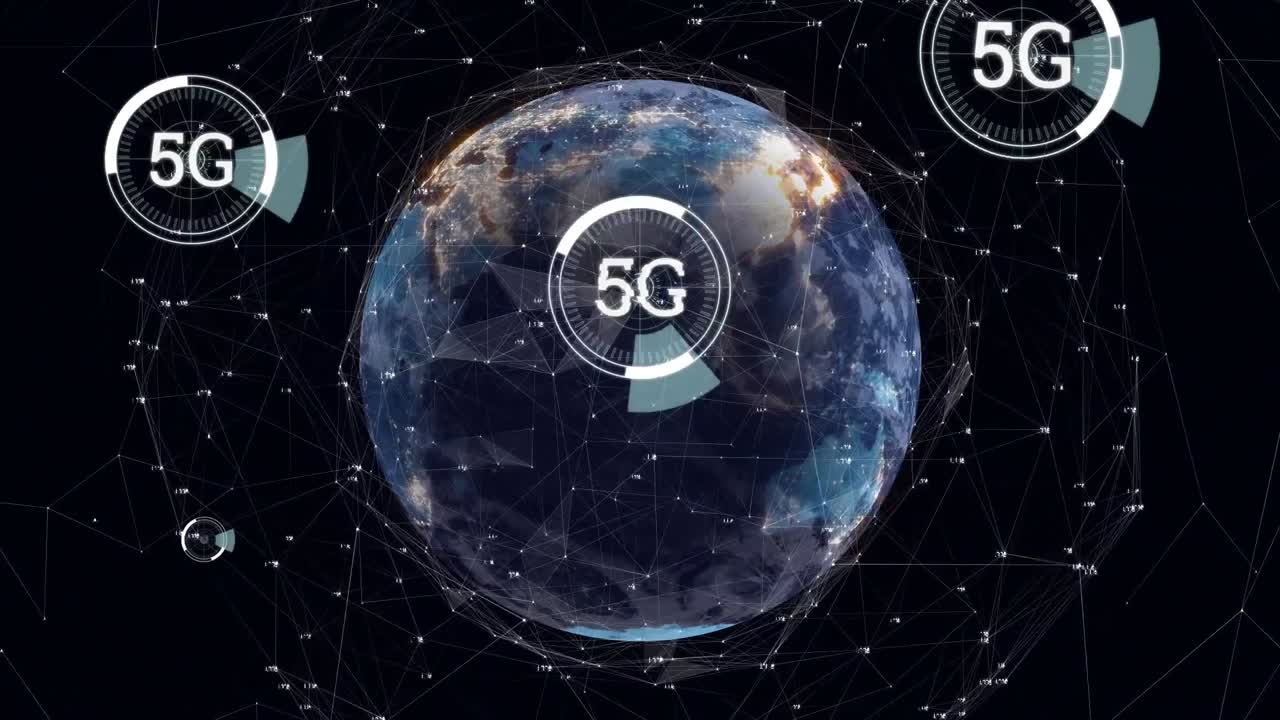 5g escrito en el medio de un círculo futurista y el globo con líneas asimétricas