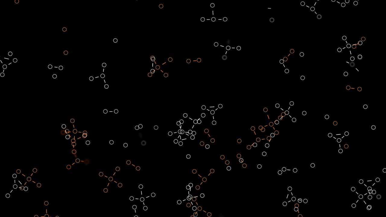 fórmulas químicas abstractas que consisten en anillos de benceno en fondo negro, bucle sin costuras. animación. patrón científico con fórmulas que aparecen y vuelan.