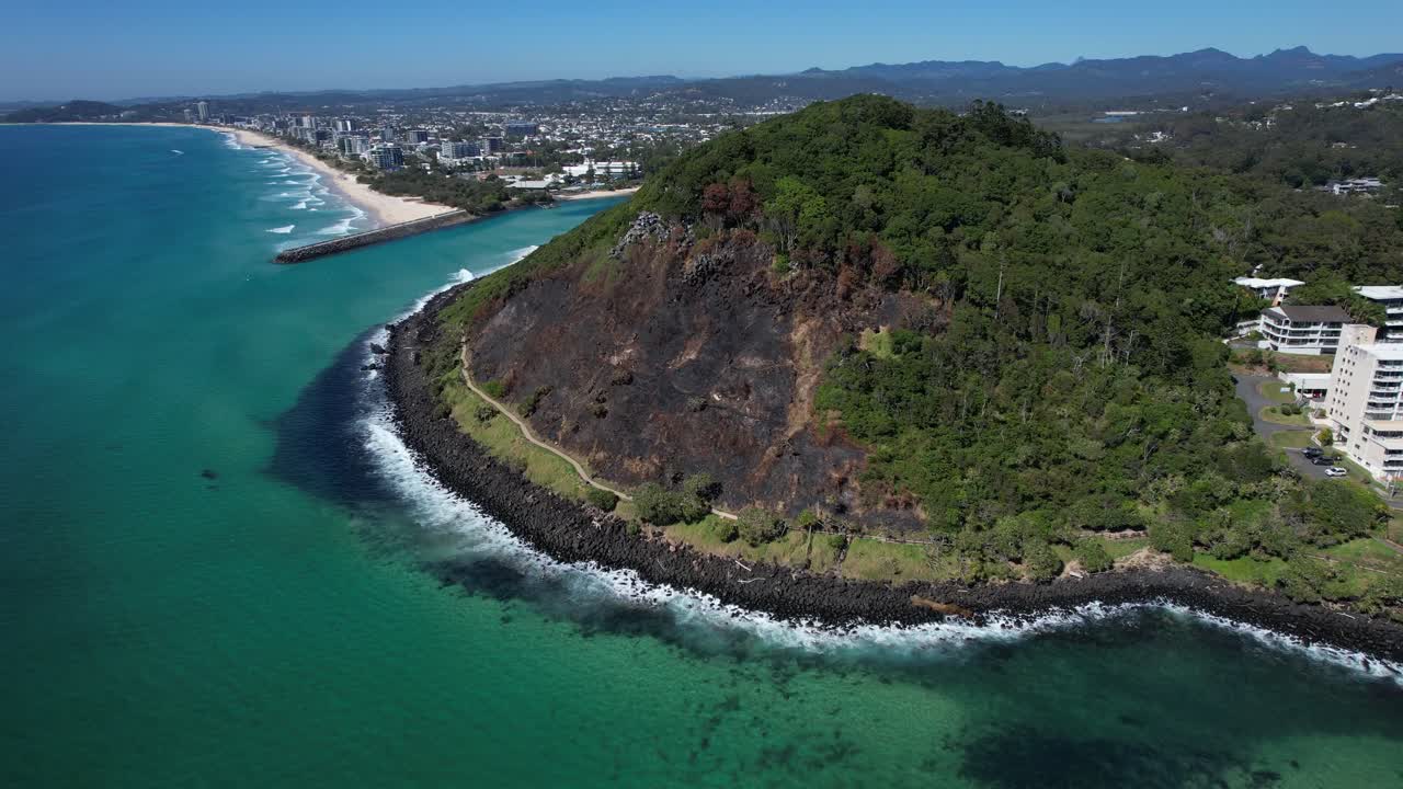 Burleigh Head National Park, Burned Forest Mountain On Goodwin Terrace, Burleigh Heads, Queensland, Australia. Aerial Drone Shot