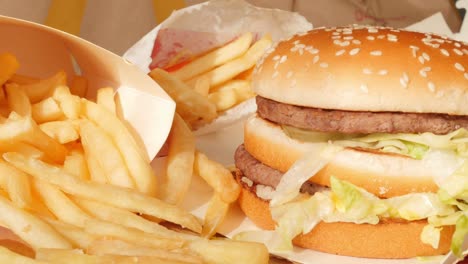 portion of unhealthy food, fast food, burger, fries rotating, turning