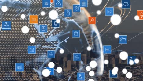 Animation-of-network-of-connections-with-icons-over-cityscape