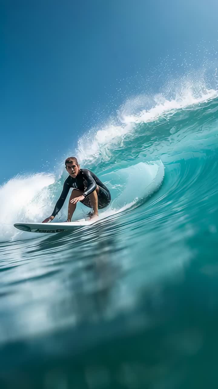 Vertical video: Riding surfer in wetsuit at sea wave forming tube staying in pocket on surfboard