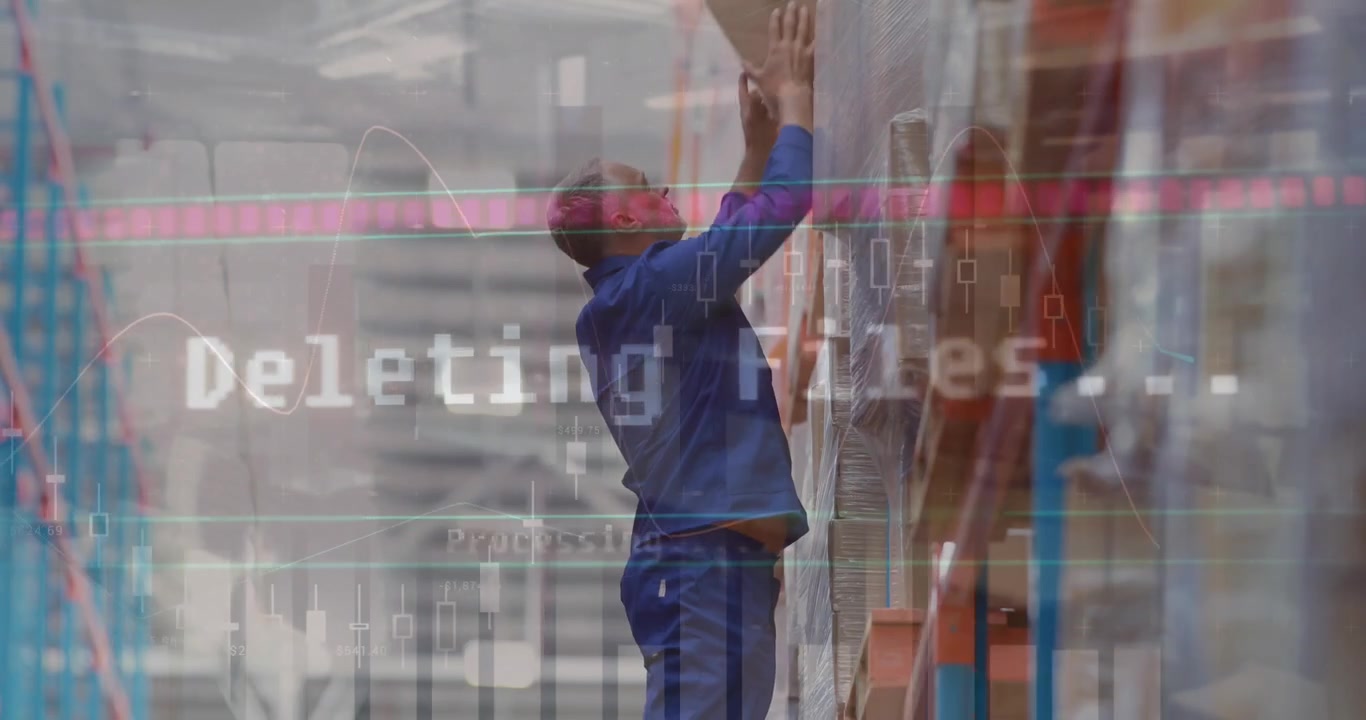Animation of data processing over caucasian worker in warehouse