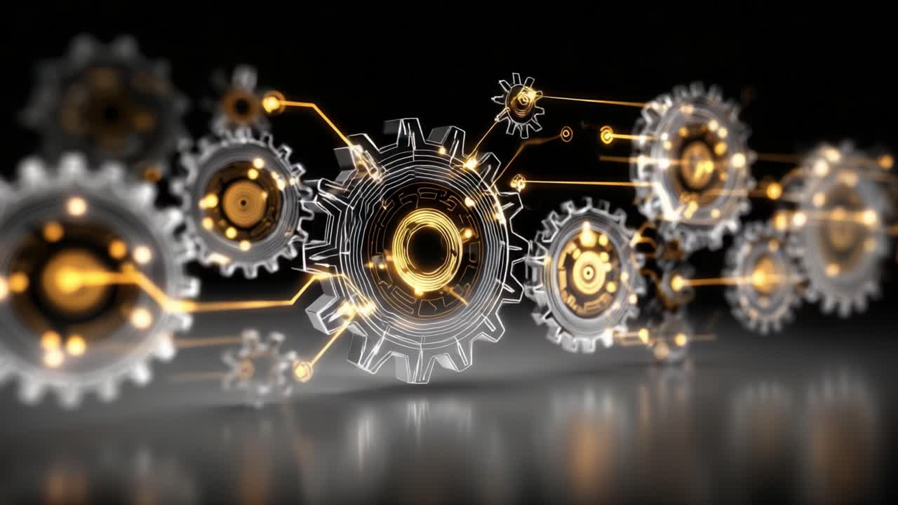 Industrial mechanism with turning gears and cogs connected by a glowing digital network, symbolizing concepts of engineering, technology, innovation, teamwork, and industrial automation process