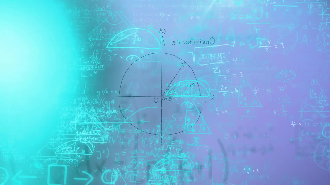 Turquoise glow starting triangles, arcs forming while unit circle sweeping expressions showing math