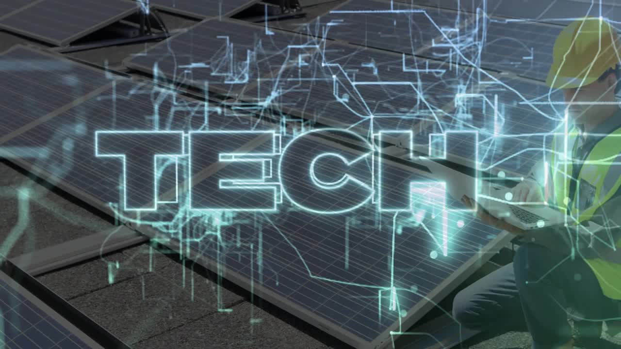 Technician tapping tablet kneeling on panels activating neon TECH wireframe graphic for monitoring
