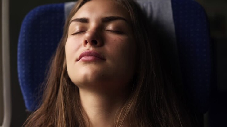 A candid female traveling by train and falls asleep when the landscape passes. Beautiful young brunette. Face close up