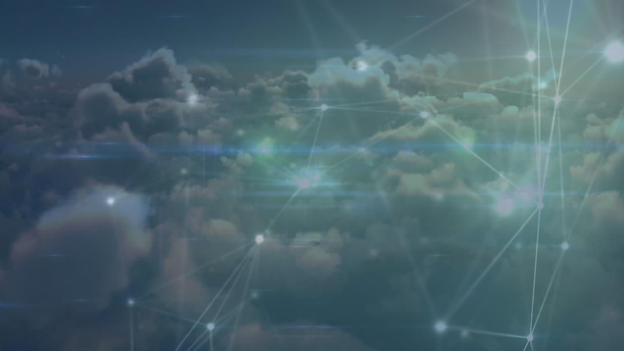 animación de una red brillante de conexiones sobre las nubes en el cielo