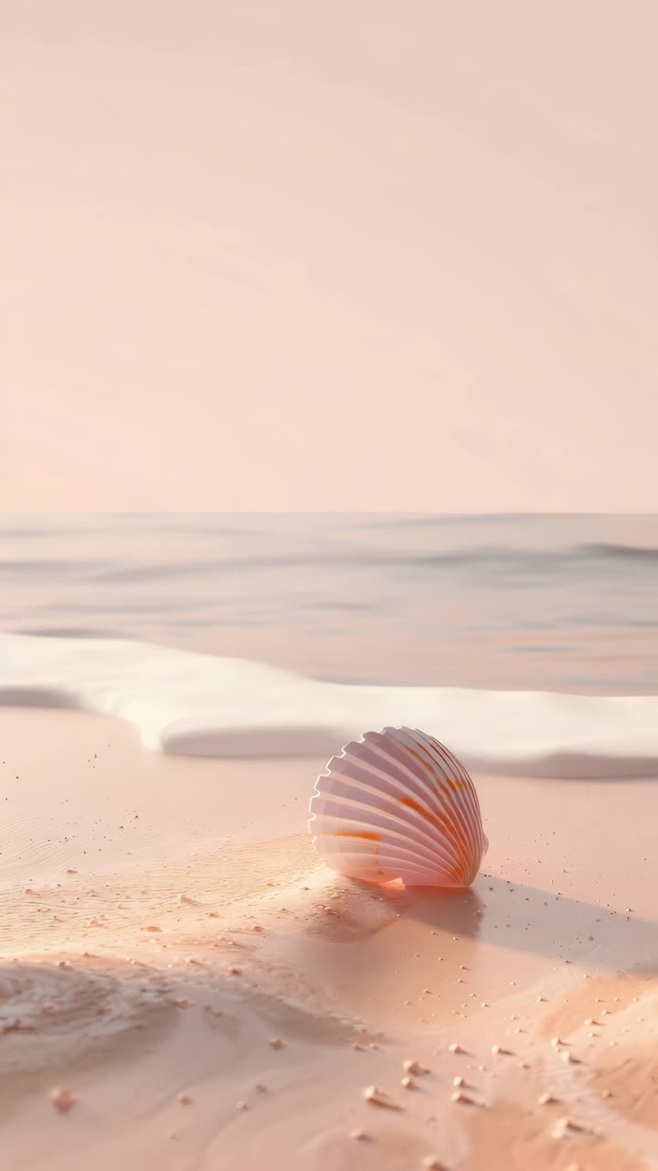 A serene beach scene with a seashell in focus, captured from a low angle
