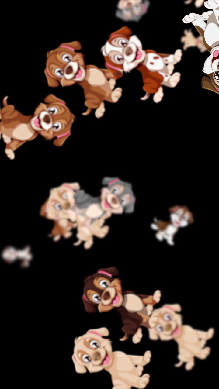 Animated puppies tumble joyfully against a dark background, creating a lively and cheerful atmosphere with smooth transitions
