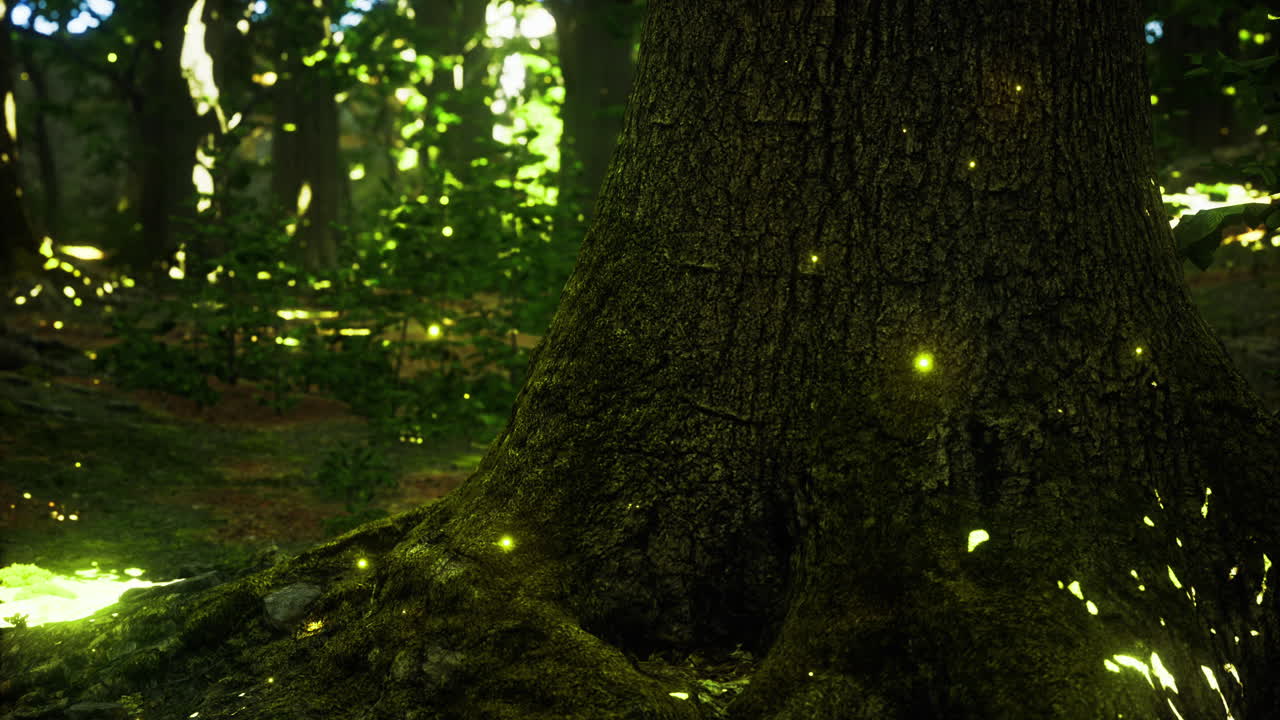 Foresta maestosa con luci brillanti che illuminano il tronco di un albero al crepuscolo