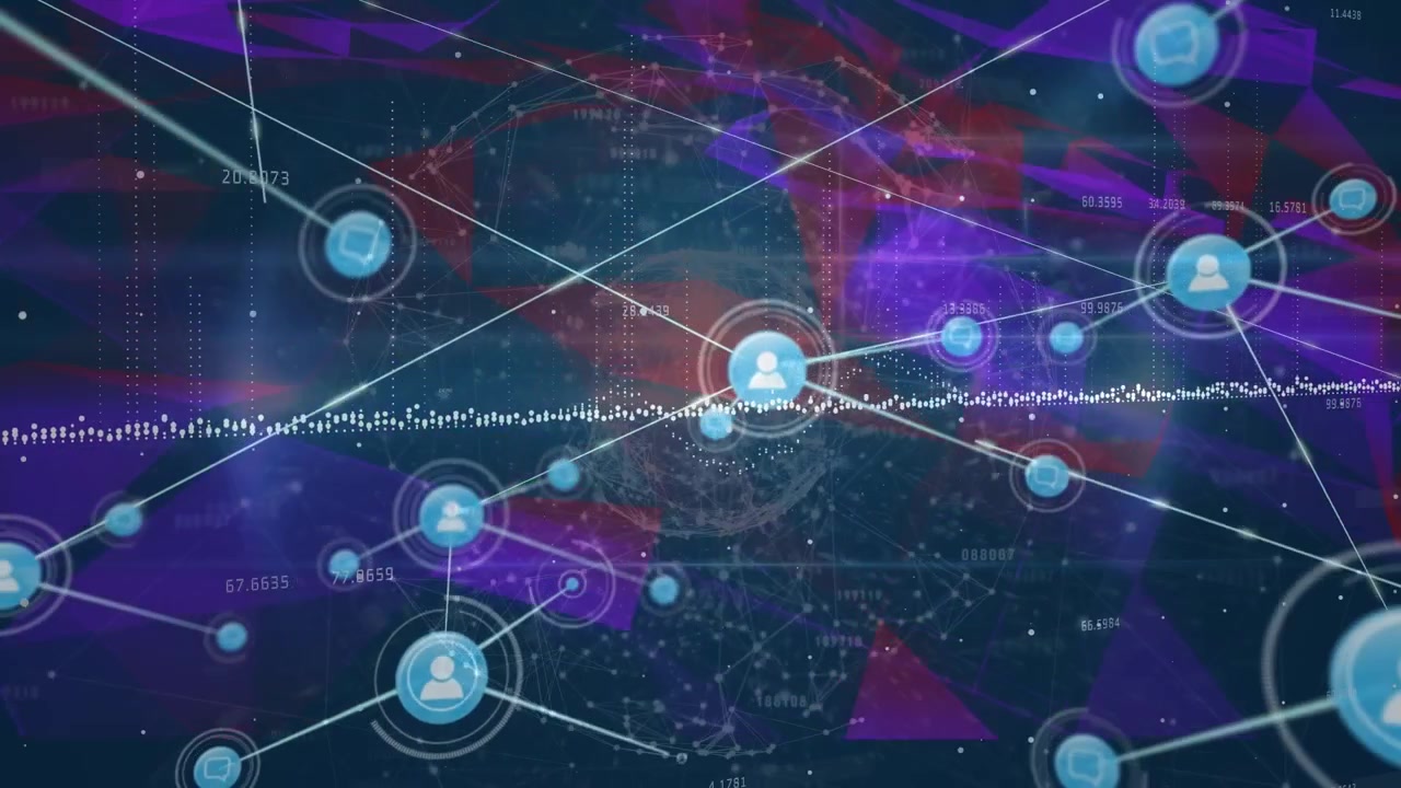 Animation of network of connections with icons over glowing network