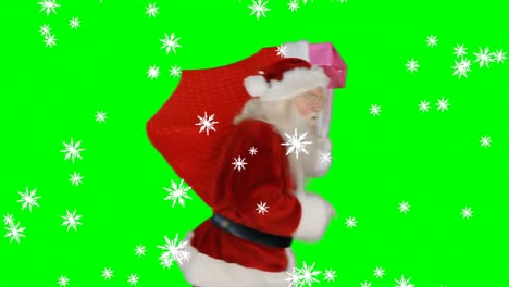 Animation-of-santa-claus-with-finger-on-lips-carrying-sack-over-green-screen-background
