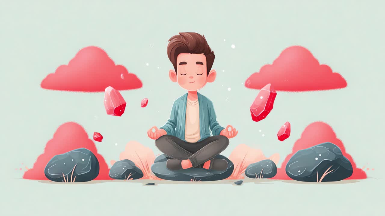 A Tranquil Meditative Scene Featuring a Young Person Sitting Cross-Legged on a Rock Surrounded by Floating Crystals and Nature Elements in a Serene Landscape
