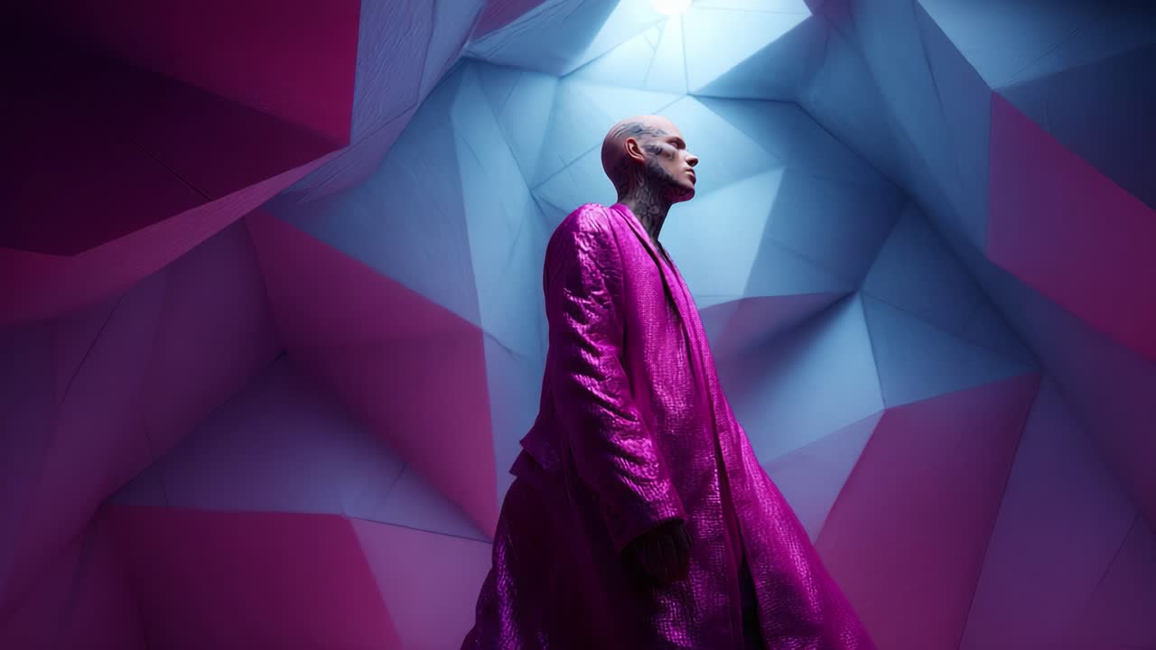 A striking figure in a vibrant pink coat stands in a geometric, multicolored environment. The play of light and shadow creates a captivating visual experience, blending fashion with modern art