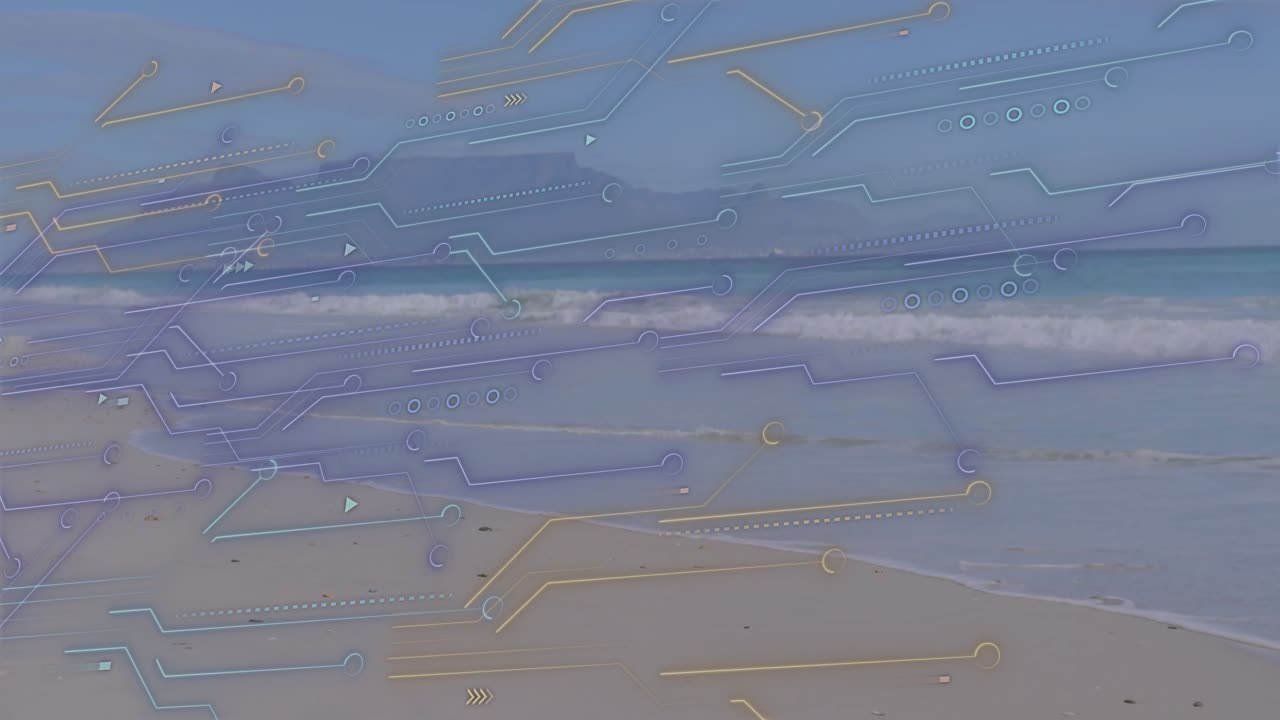Overlay appearing starting waves advancing and receding on sandy beach for showing circuit network