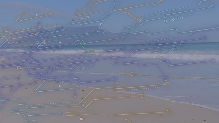 Overlay appearing starting waves advancing and receding on sandy beach for showing circuit network