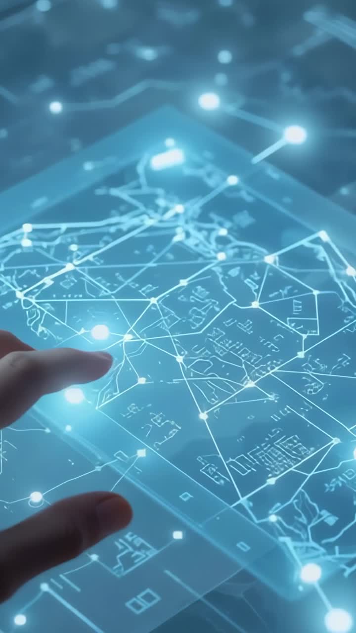 Vertical video: Hand entering frame tapping holographic map at desk, activating glowing data nodes