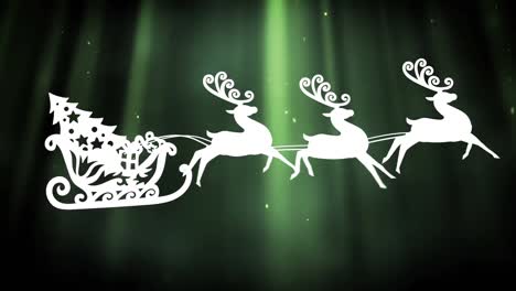 Christmas-tree-in-sleigh-being-pulled-by-reindeers-against-green-light-trails-on-black-background